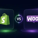 Illustration comparing Shopify vs WooCommerce with glowing UI cards, a VS badge, and eCommerce icons on a dark background.