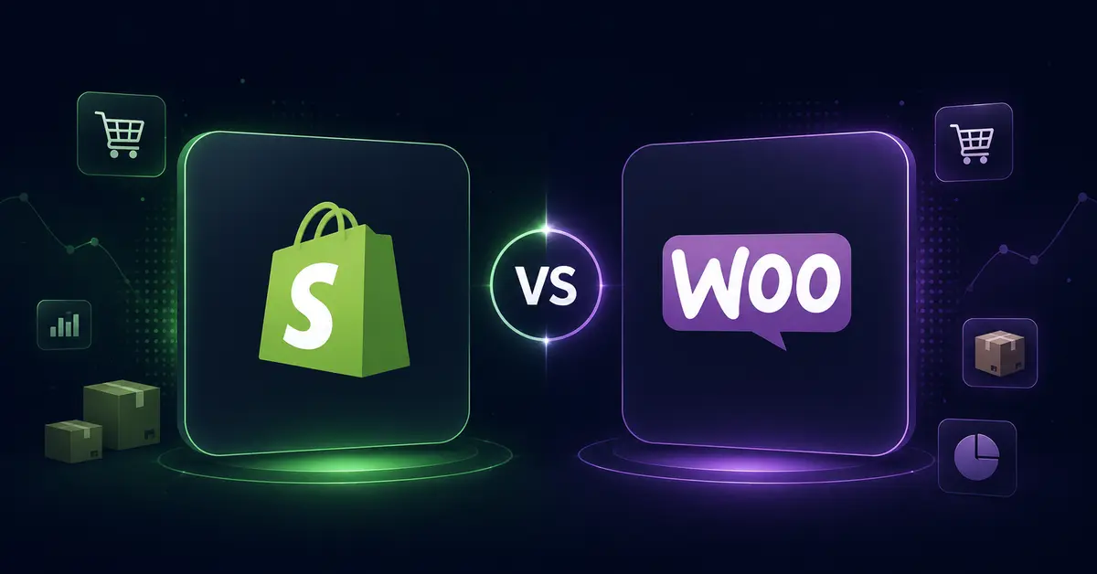 Illustration comparing Shopify vs WooCommerce with glowing UI cards, a VS badge, and eCommerce icons on a dark background.